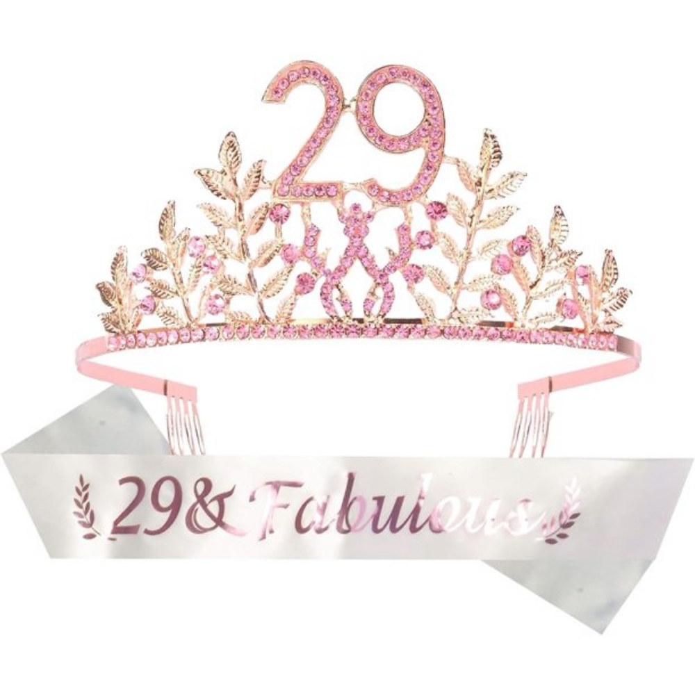 NWT 29th Birthday Party Princess Tiara and Sash in Rosegold and Pink Rhinestones